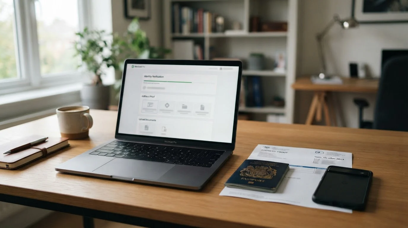 Dokumenty pro ověření totožnosti vedle notebooku s formulářem KYC