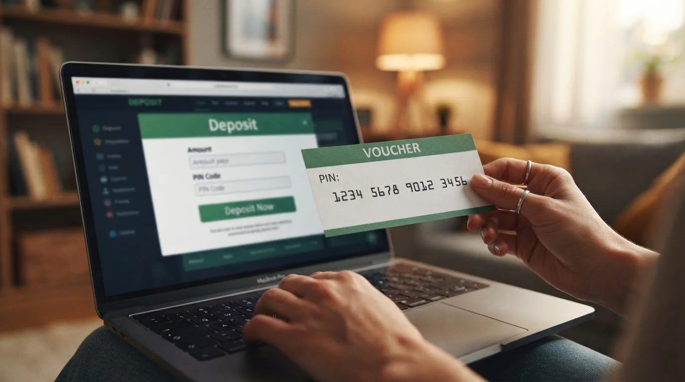 Ruce držící paysafecard voucher s PIN kódem před obrazovkou kasina