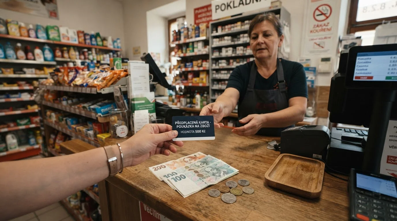 Ruka držící paysafecard voucher u pokladny obchodu