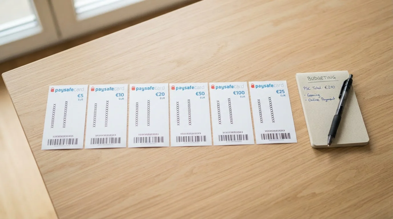 Paysafecard kupony různých nominálních hodnot rozložené na stole s kalkulačkou