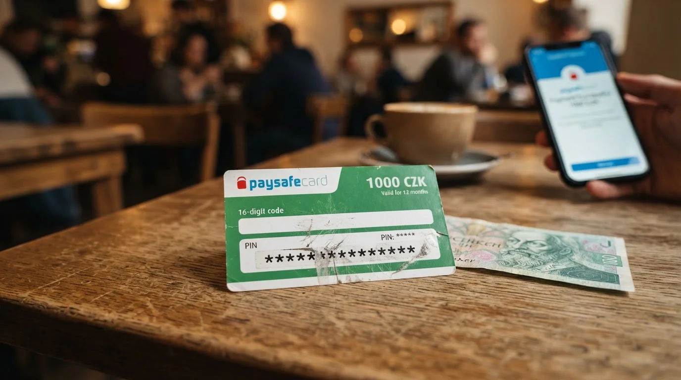 Paysafecard voucher a české bankovky na stole v kavárně