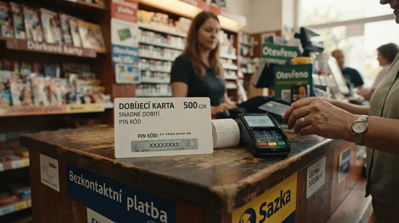 Paysafecard voucher s PIN kódem na pultu trafiky