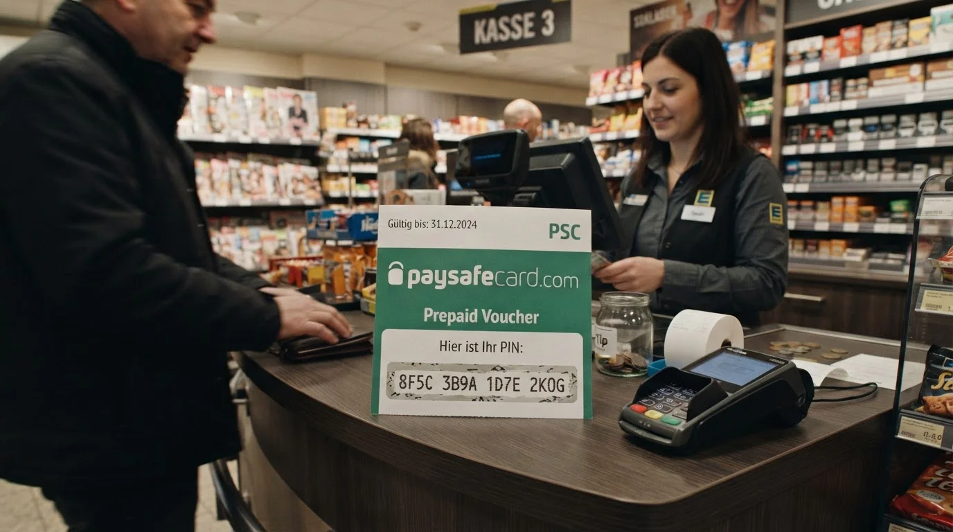 Paysafecard předplacená karta s PIN kódem na pultu obchodu