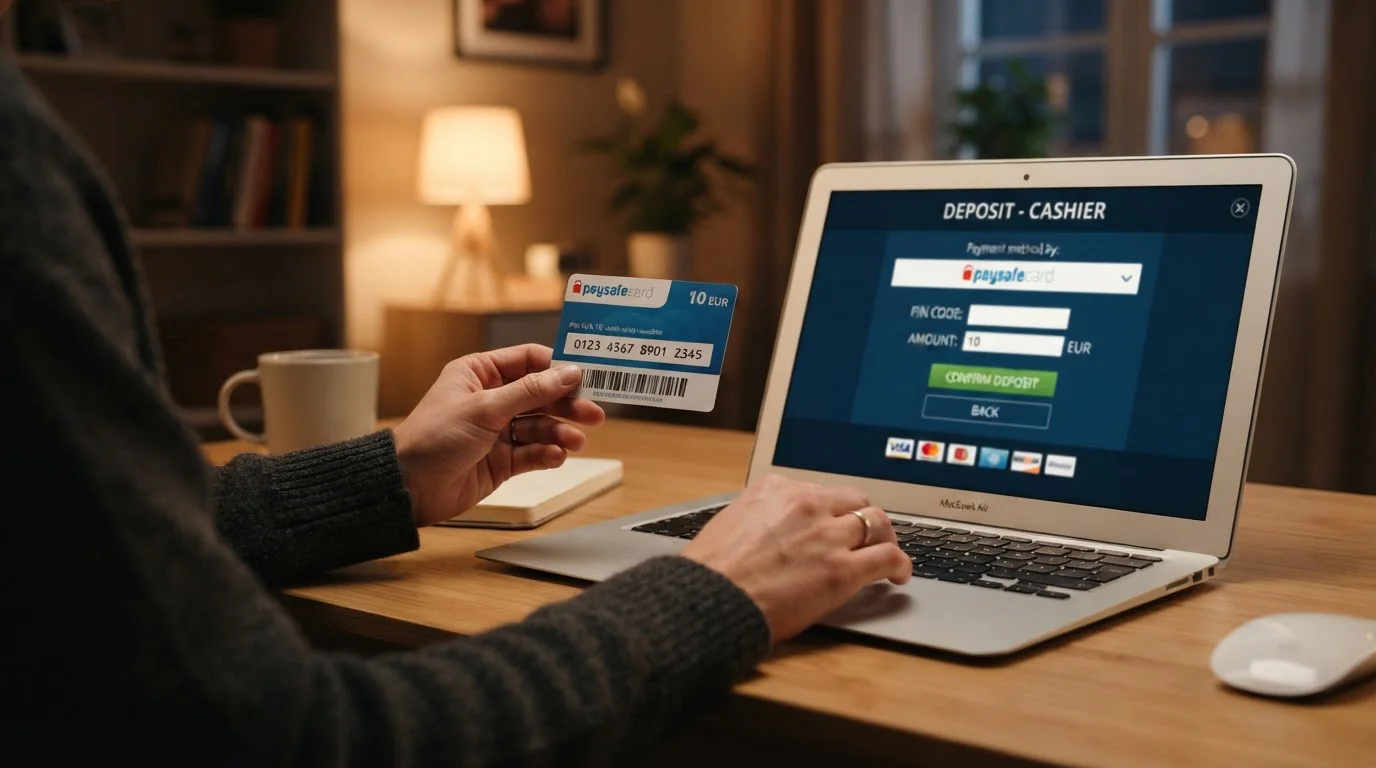 Ruce držící Paysafecard kupon u otevřeného notebooku s rozhraním kasino pokladny