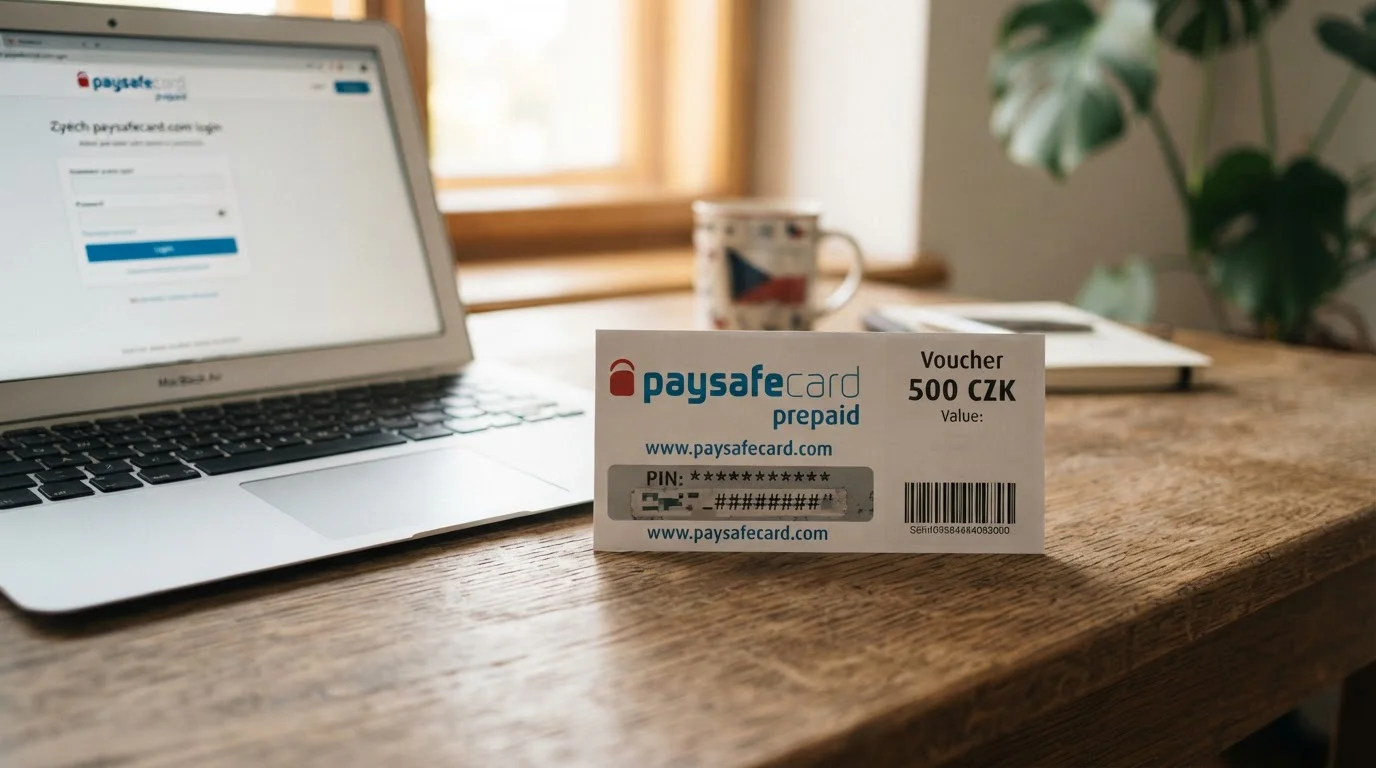 Paysafecard voucher s PIN kódem na stole vedle notebooku