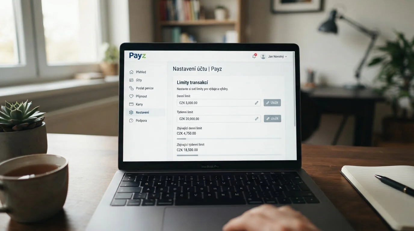 Notebook s otevřeným nastavením limitů Payz na obrazovce