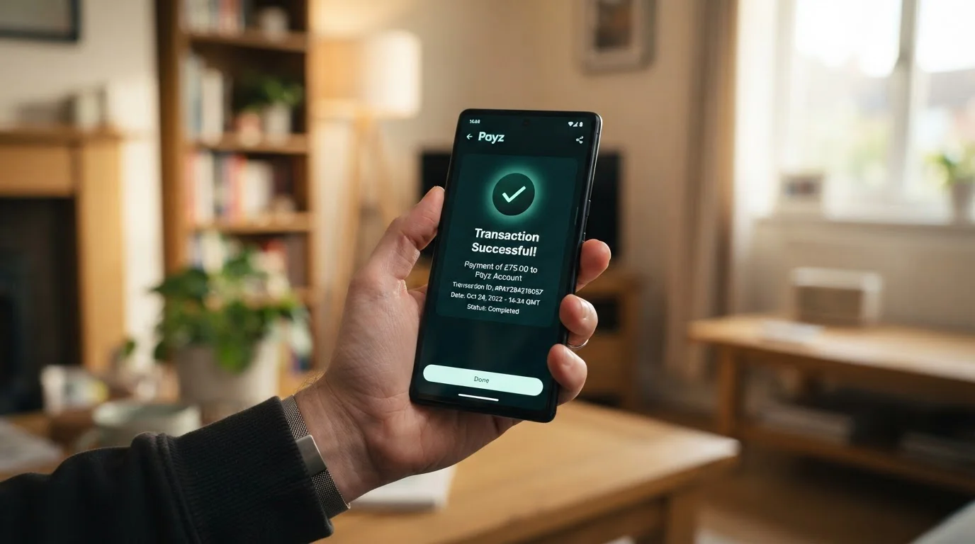 Smartphone s aplikací Payz a notifikací o dokončeném vkladu
