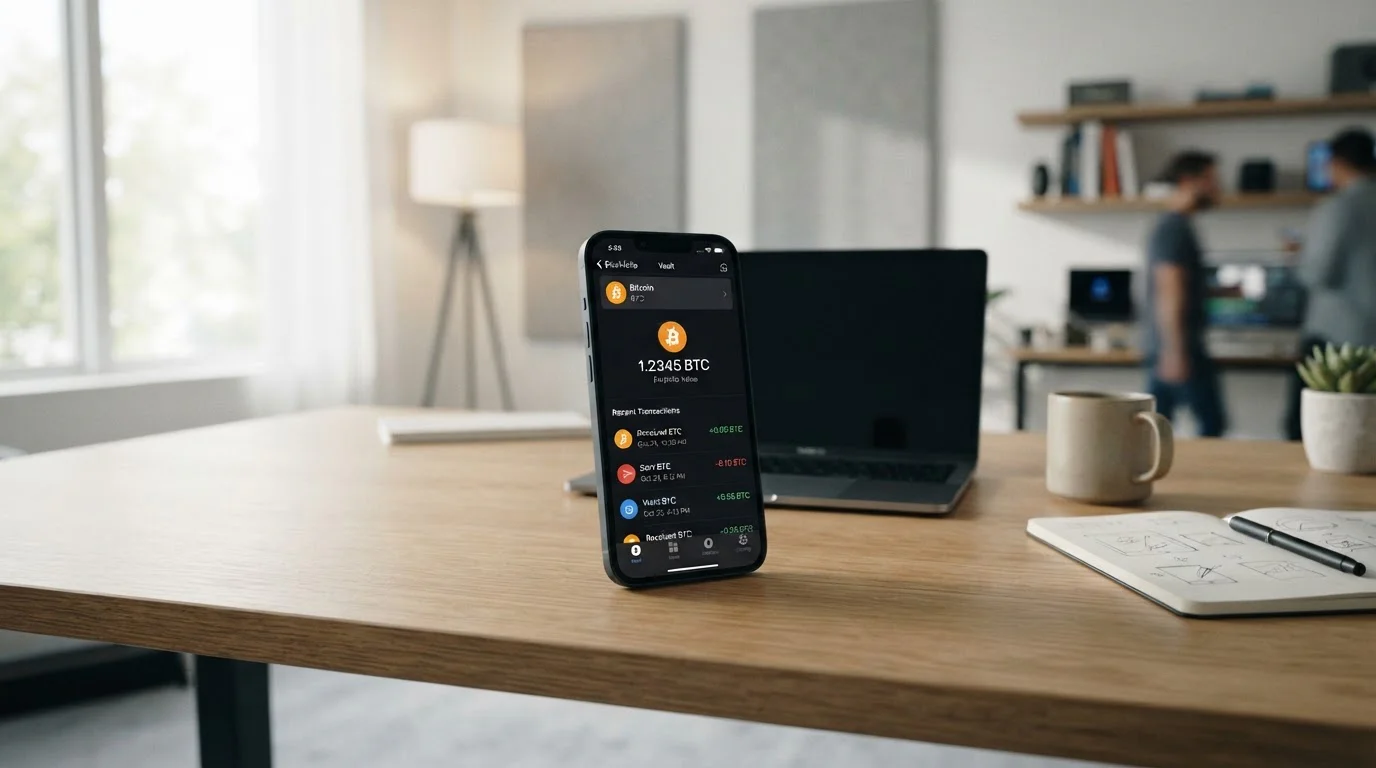 Smartphone s kryptoměnovou peněženkou a symbolem Bitcoinu