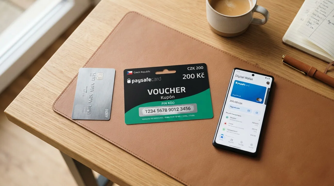 Paysafecard 200 Kč voucher vedle kreditní karty a smartphonu s e-peněženkou