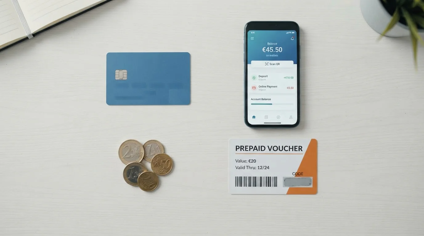Uspořádané platební metody na bílém stole - karta, smartphone, mince, voucher