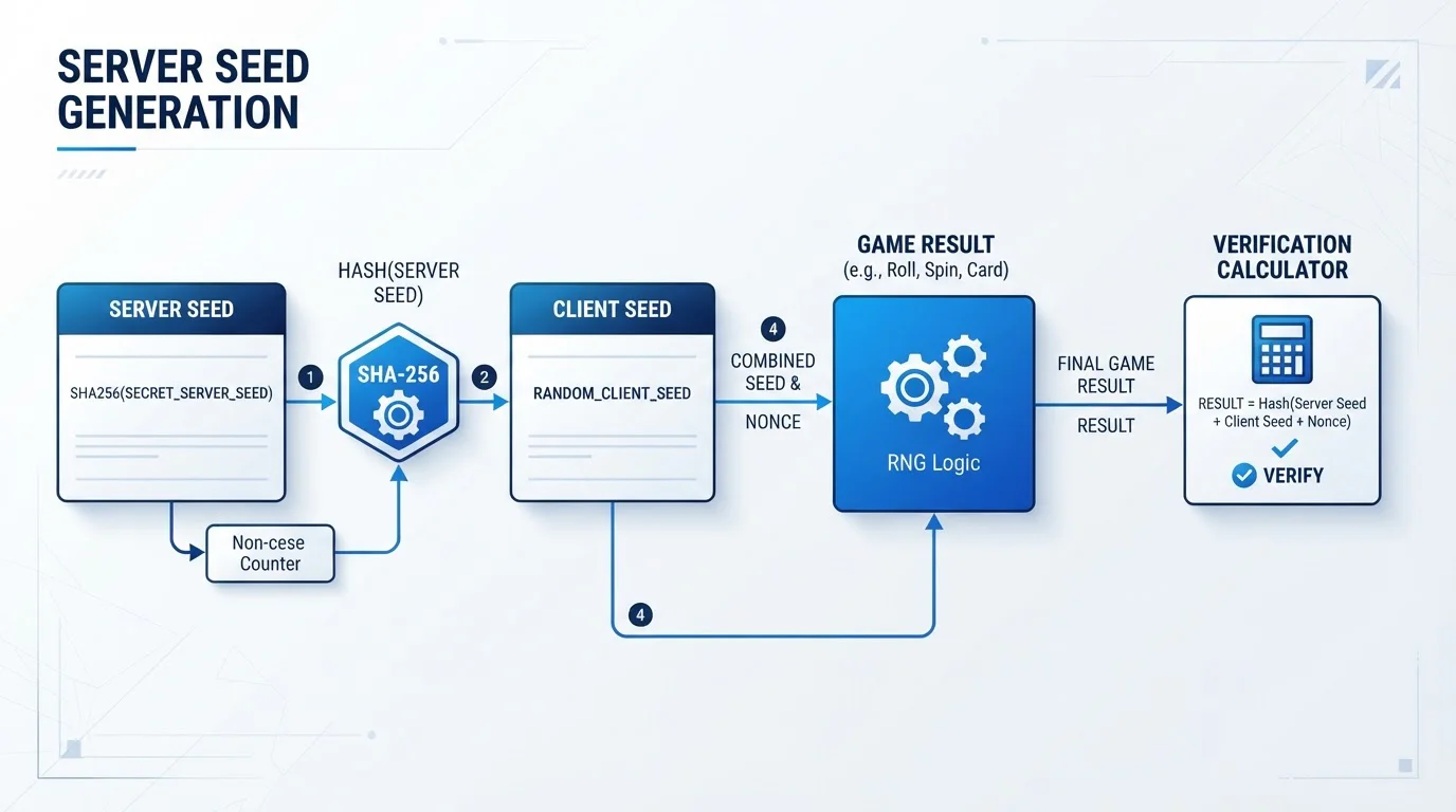 Schéma provably fair mechanismu s server seed, client seed a hash funkcí