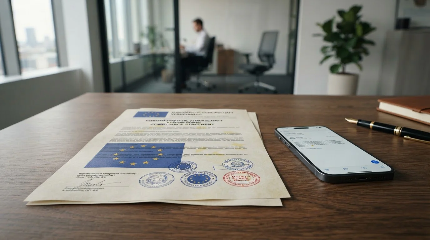 Dokument s razítkem EU Payment Services Regulation a mobilní telefon