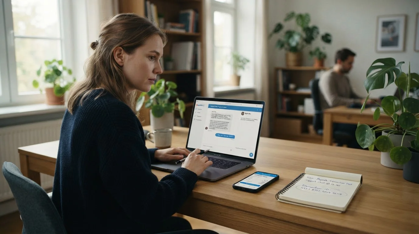 Zákaznický servis řeší problém s paysafe transakcí na notebooku