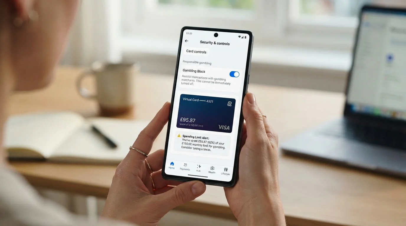 Obrazovka smartphonu s bezpečnostním nastavením Revolut, přepínač blokace gamblingu v poloze zapnuto