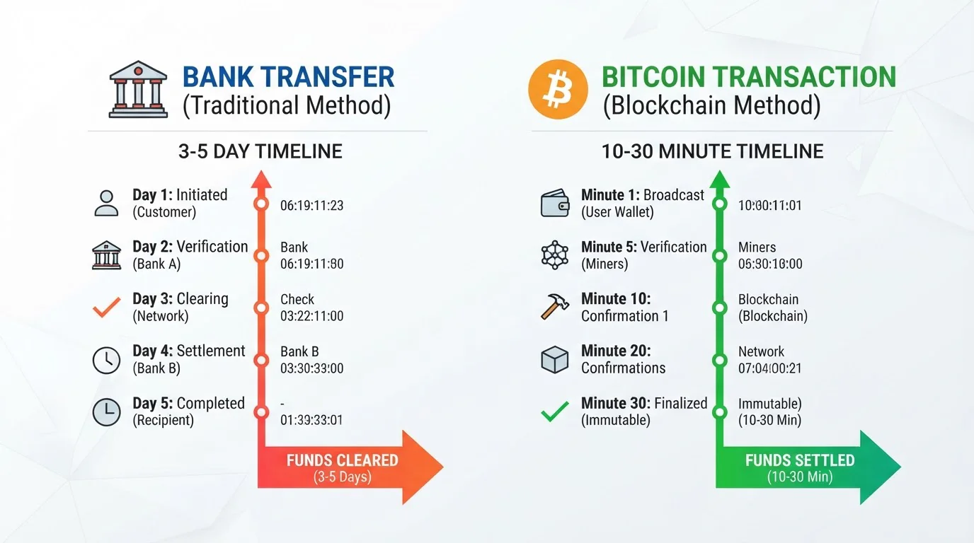 Srovnávací diagram bankovní převod versus Bitcoin transakce s časovými osami