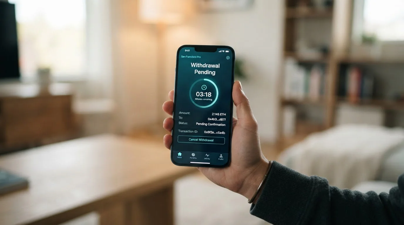 Stopky a smartphone s probíhajícím výběrem USDT na obrazovce