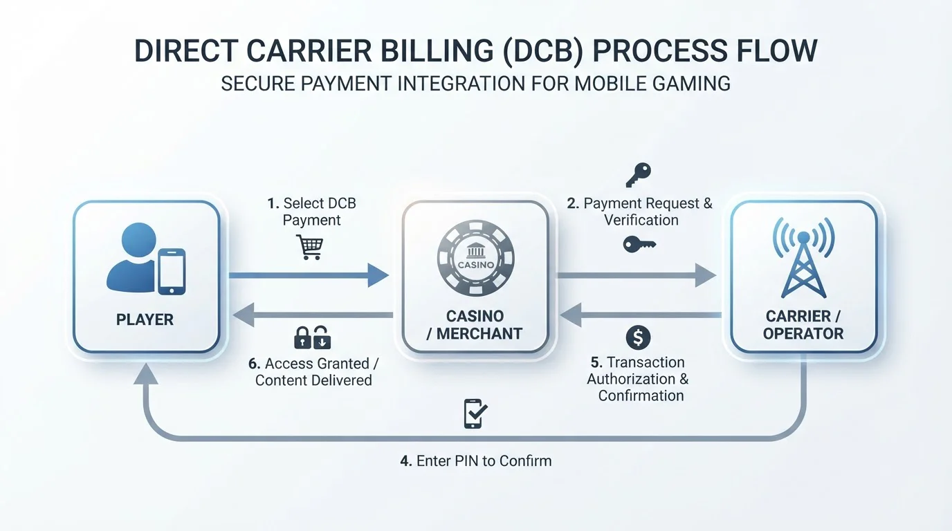 Diagram Direct Carrier Billing procesu mezi casinem a mobilním operátorem