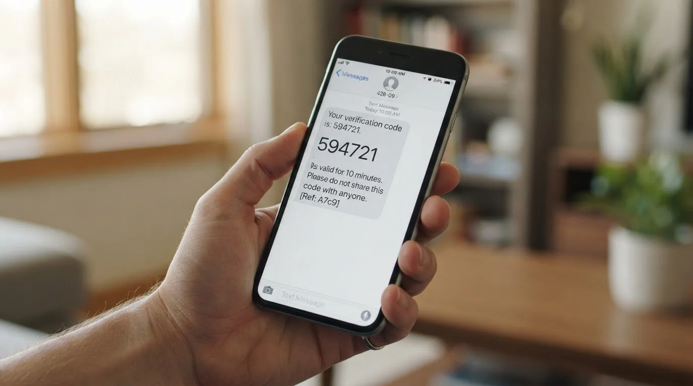 Mobilní telefon zobrazující SMS s ověřovacím kódem pro kasino transakci