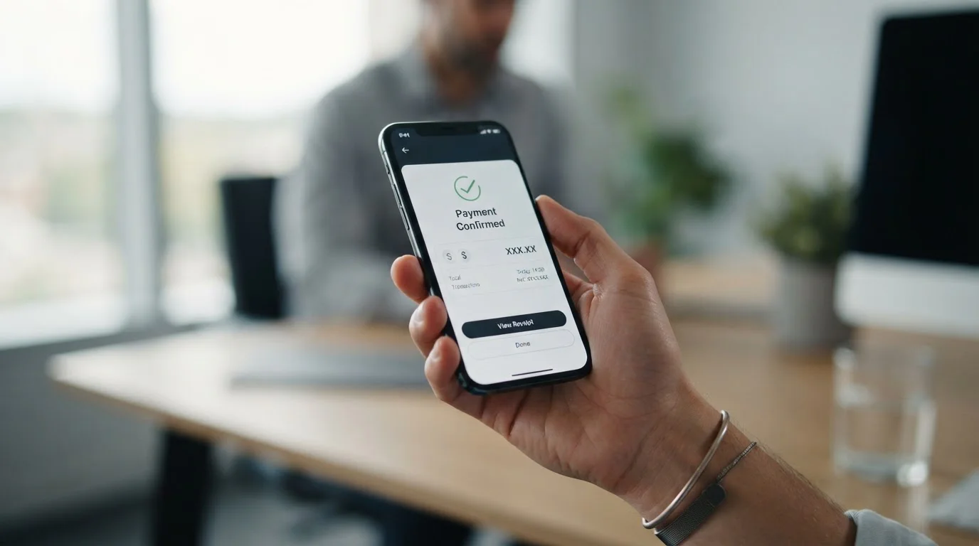 Ruka držící smartphone s SMS platební obrazovkou