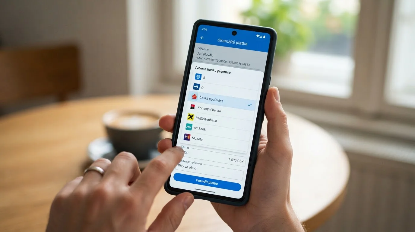 Mobilní telefon s Trustly platebním rozhraním propojeným s českou bankou