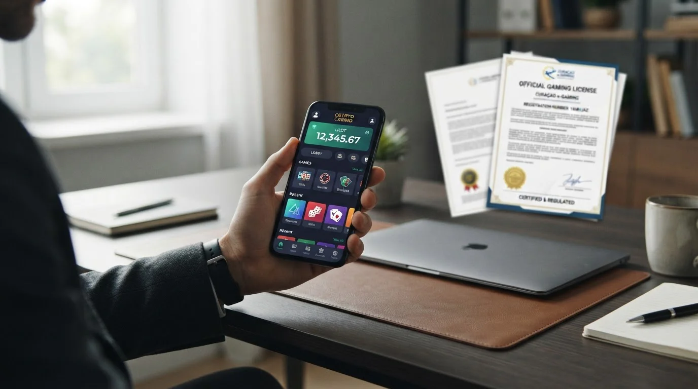 Smartphone s kasino aplikací zobrazující USDT vklad a licence dokumenty v pozadí
