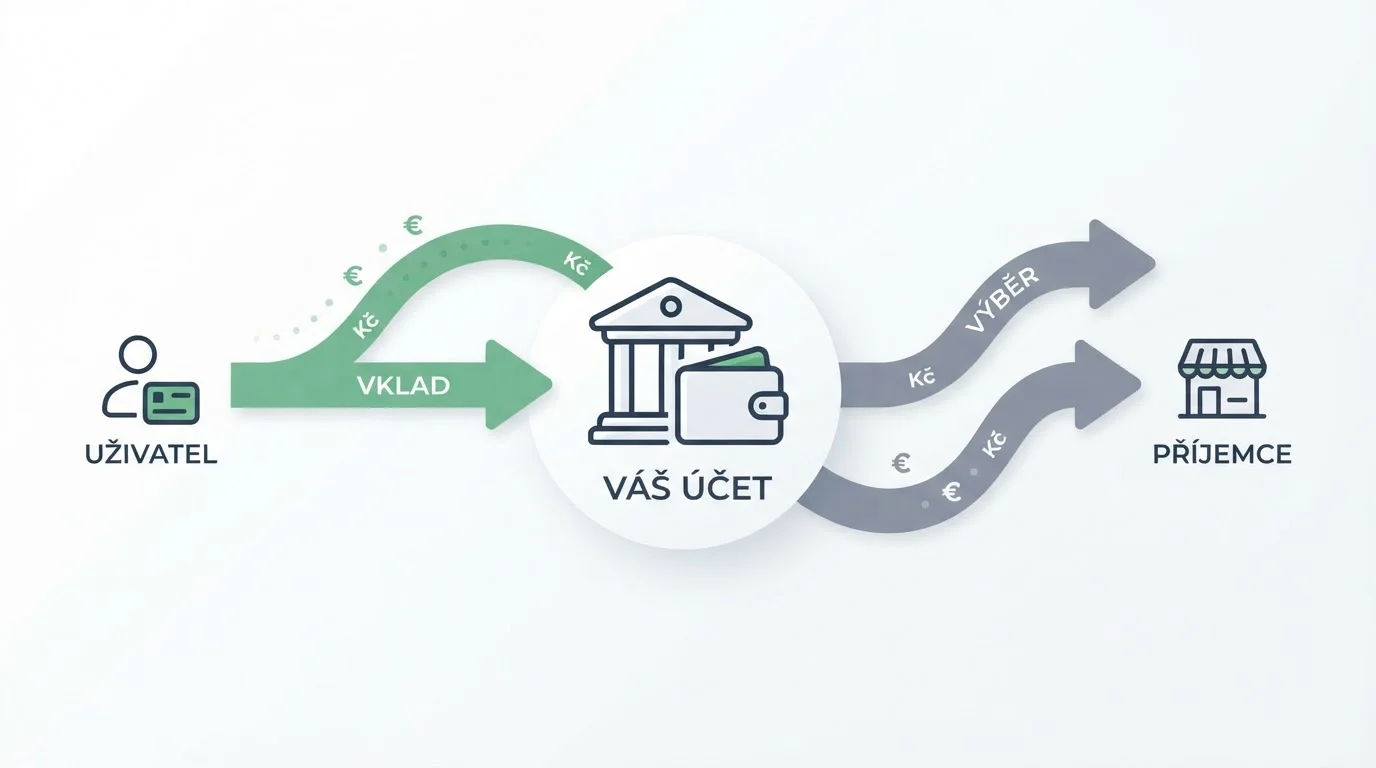 Diagram znázorňující asymetrii vkladů a výběrů u předplacených metod