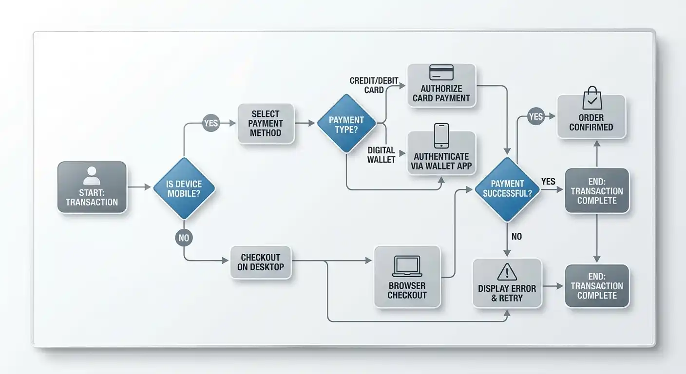Decision tree diagram pro výběr platební metody podle zařízení