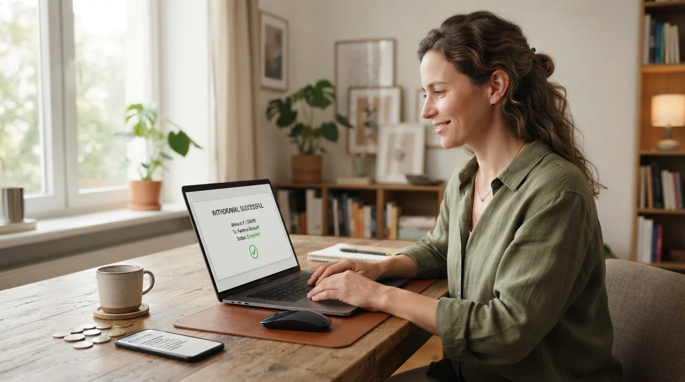 Výběr výher z online kasina — laptop s potvrzením výběru