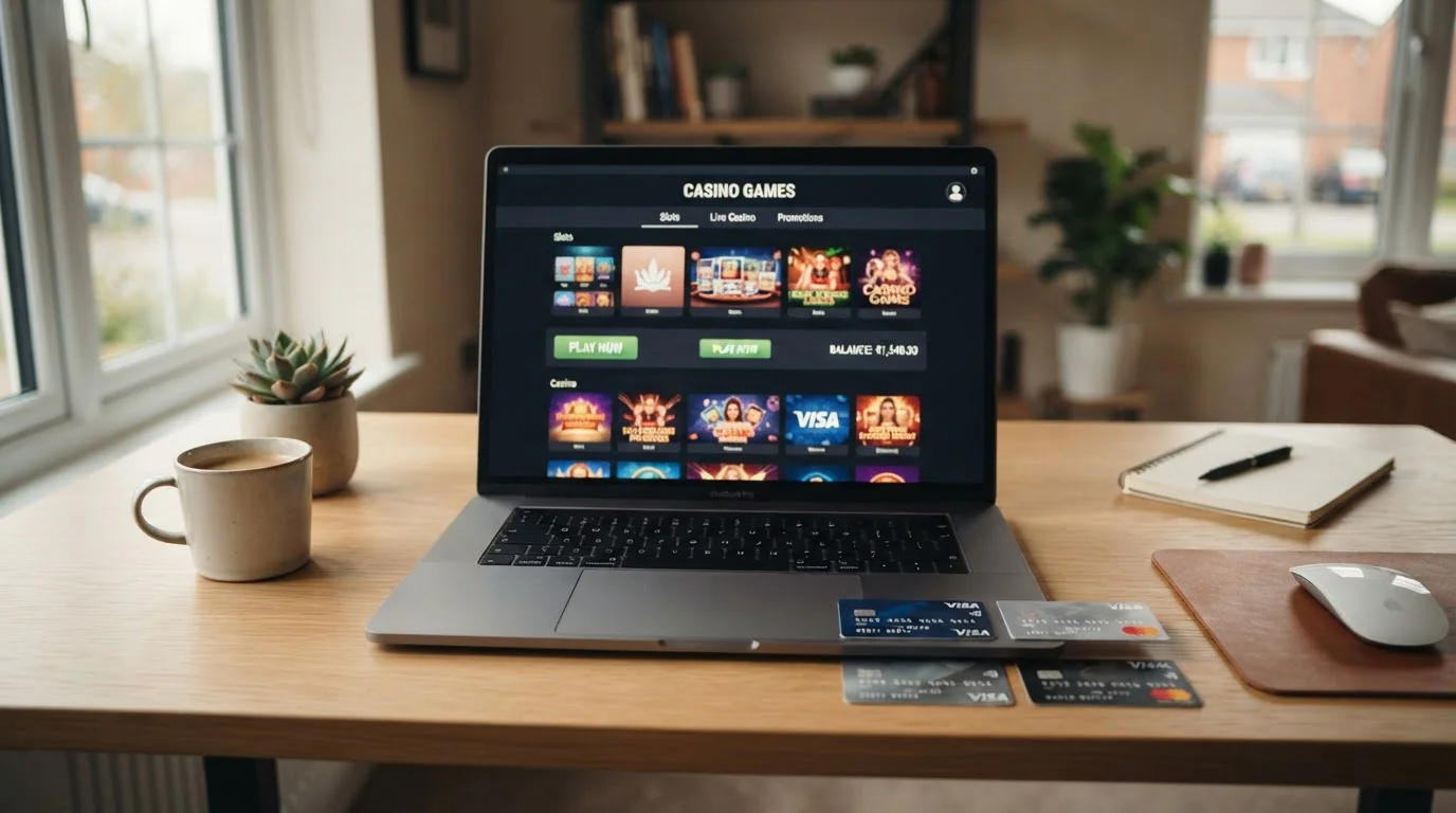 Notebook s otevřenou stránkou zahraničního online kasina a bankovními kartami