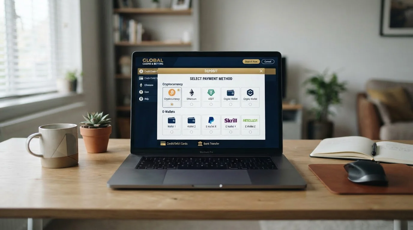 Notebook zobrazující mezinárodní kasinovou platformu s krypto a e-peněženkami