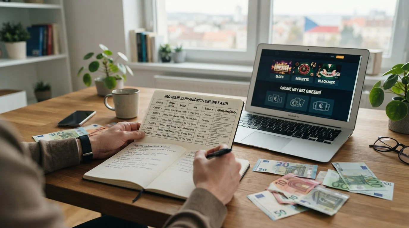 Notebook s otevřeným porovnáním zahraničních online casin a euro bankovkami na pracovním stole