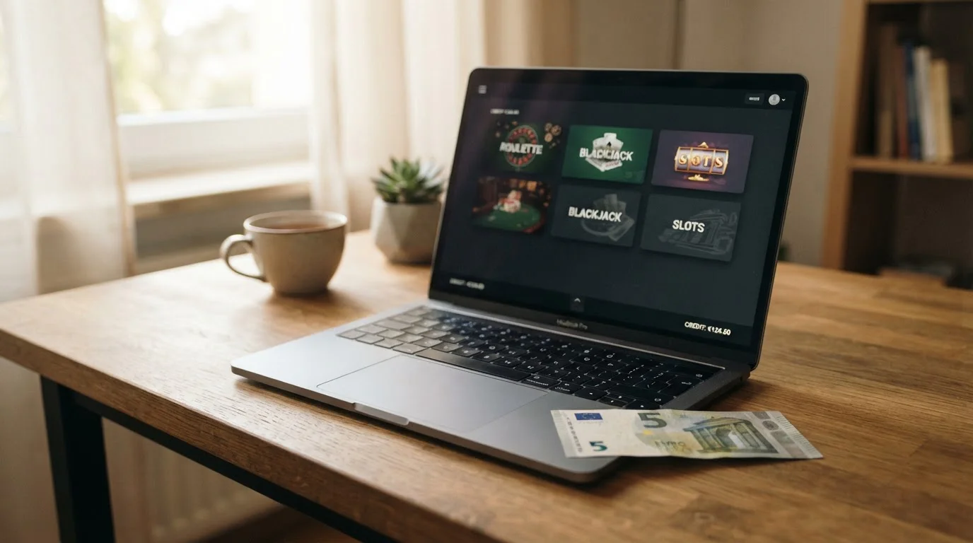 Notebook s otevřeným zahraničním kasinem a 5eurovou bankovkou na pracovním stole