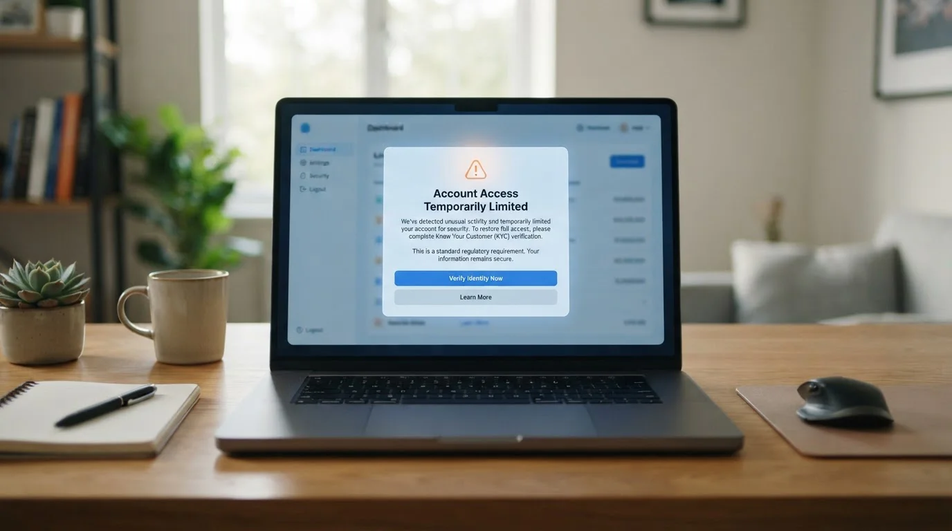 Uzamčený účet s upozorněním na ověření KYC na obrazovce